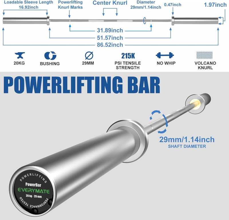 EVERYMATE Powerlifting Barbell 7' Olympic Adult Bar Available with Hard Chrome Sleeves for Gym Home Exercises