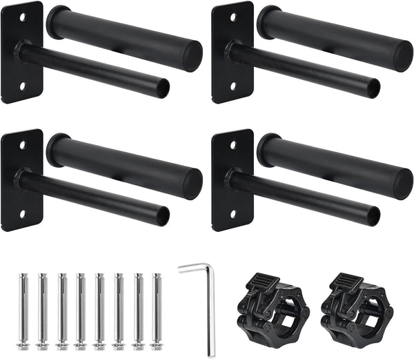 EVERYMATE Weight Plate Holder, Wall Mounted Weight Rack for 1" and 2" Olympic Weight Plates, 4 Pack Home Gym Storage with 8pcs Steel Expansion Bolts & 2pcs Bar Collar