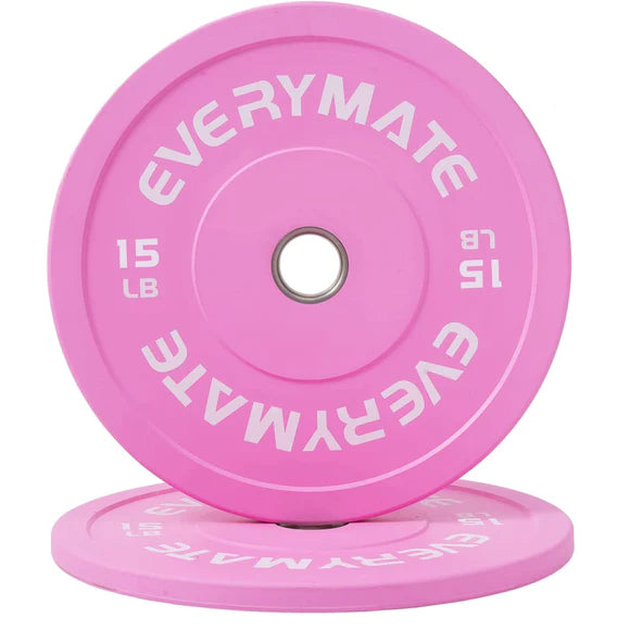 EVERYMATE Pink Weight Plates 15LB Olympic Bumper Plates Grip Weight Plates for Strength Training & Crossfit Steel Inserts Weight Plates Fit 2" Barbells Virgin Rubber Weights