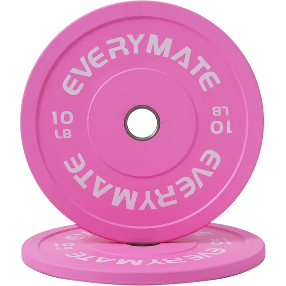 EVERYMATE Pink Weight Plates 10LB Olympic Bumper Plates Grip Weight Plates for Strength Training & Crossfit Steel Inserts Weight Plates Fit 2" Barbells Virgin Rubber Weights