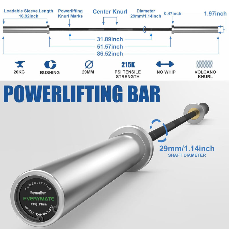 EVERYMATE Powerlifting Barbell 7' Olympic Adult Bar Available with Hard Chrome Sleeves for Gym Home Exercises