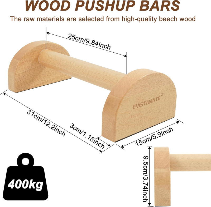 Wooden Parallettes Push-up Stand, Wood Pushup Bars Non-Slip Base Exercise Home Workout Equipment, Wooden Parallettes Handle Stands Grip for Men Strength Training, Stable Handstand Push Up Handles for Floors