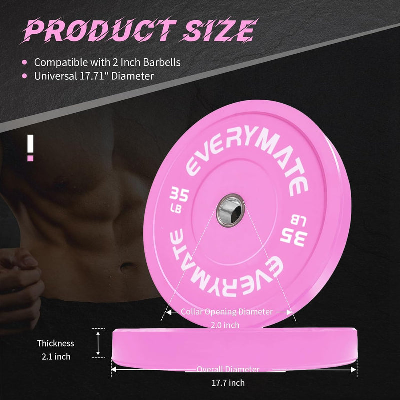 Pink Weight Plates 35LB Olympic Bumper Plates Grip Weight Plates for Strength Training & Crossfit Steel Inserts Weight Plates Fit 2" Barbells Virgin Rubber Weights