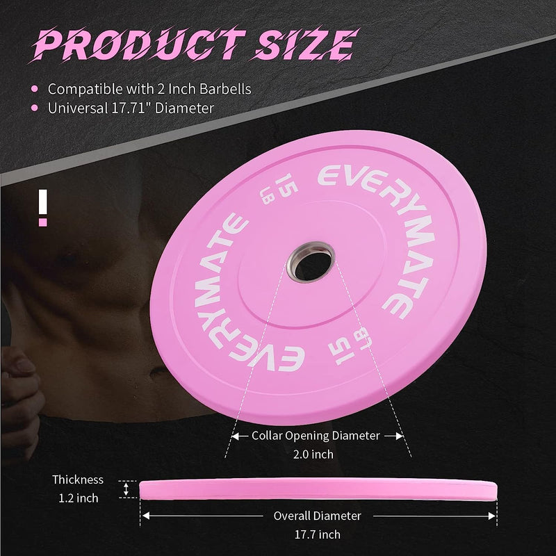 EVERYMATE Pink Weight Plates 15LB Olympic Bumper Plates Grip Weight Plates for Strength Training & Crossfit Steel Inserts Weight Plates Fit 2" Barbells Virgin Rubber Weights