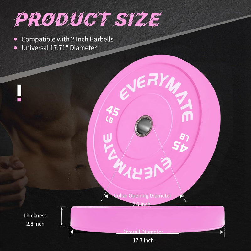 Pink Weight Plates 45LB Olympic Bumper Plates Grip Weight Plates for Strength Training & Crossfit Steel Inserts Weight Plates Fit 2" Barbells Virgin Rubber Weights