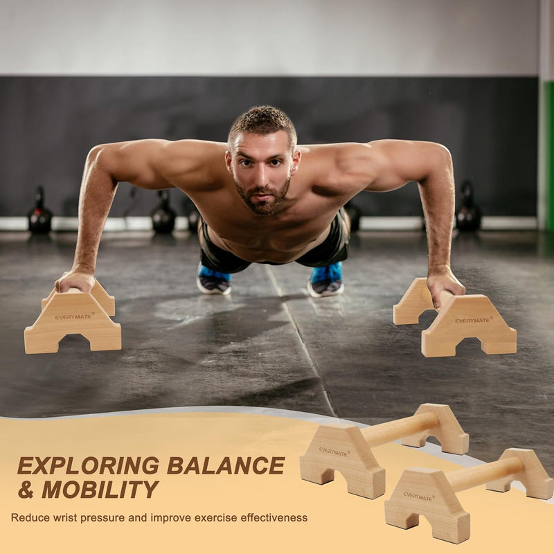 Wooden Parallettes Push-up Stand, Wood Pushup Bars Non-Slip Base Exercise Home Workout Equipment, Wooden Parallettes Handle Stands Grip for Men Strength Training, Stable Handstand Push Up Handles for Floors