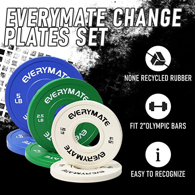 EVERYMATE Change Weight Plates 1.25LB 2.5LB 5LB Set Fractional Plate Olympic Bumper Plates for Cross Training Bumper Weight Plates Steel Insert Strength Training Weight Plates